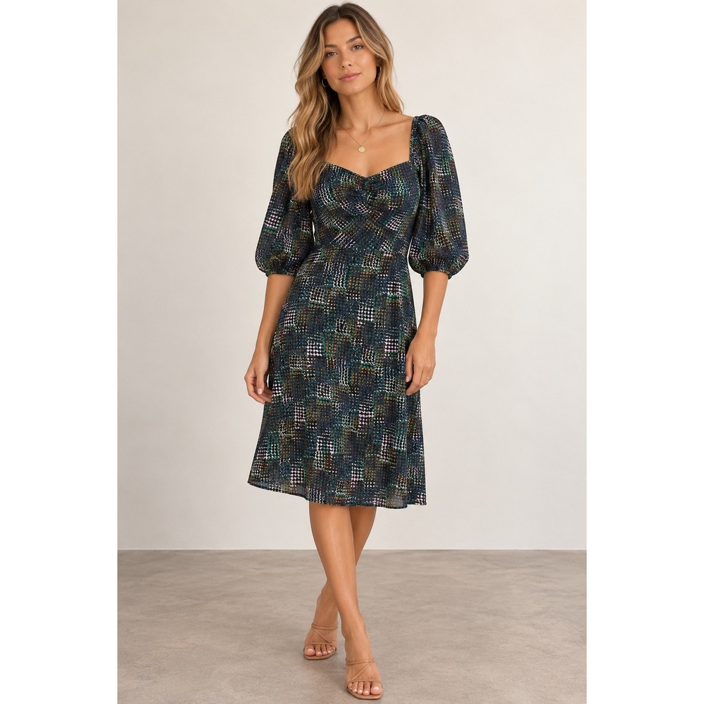 Cabi Elaine Dress 4214 Womens Small Multi Color Puff Sleeve Mesh Smocked Back